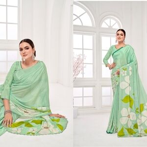 Elegant Floral Saree in Teal and White